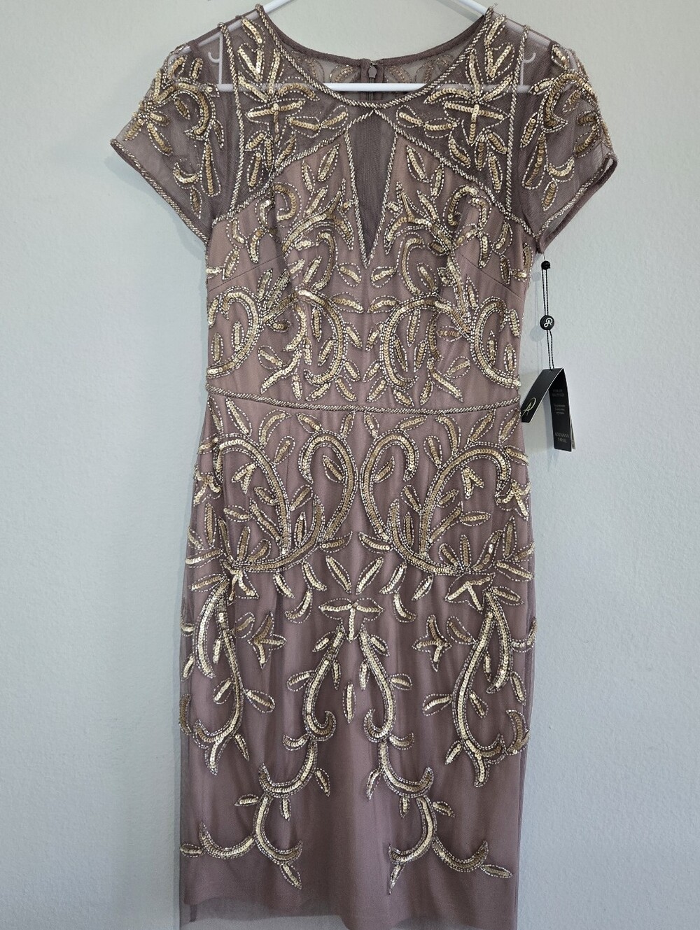 Adiranna Papell Short Cut Out Beaded Sheath Mesh Dress Size 4 in Stone Color